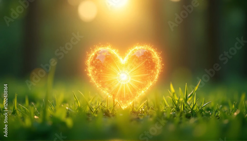 A bright heart chakra sign on a verdant field.
 photo