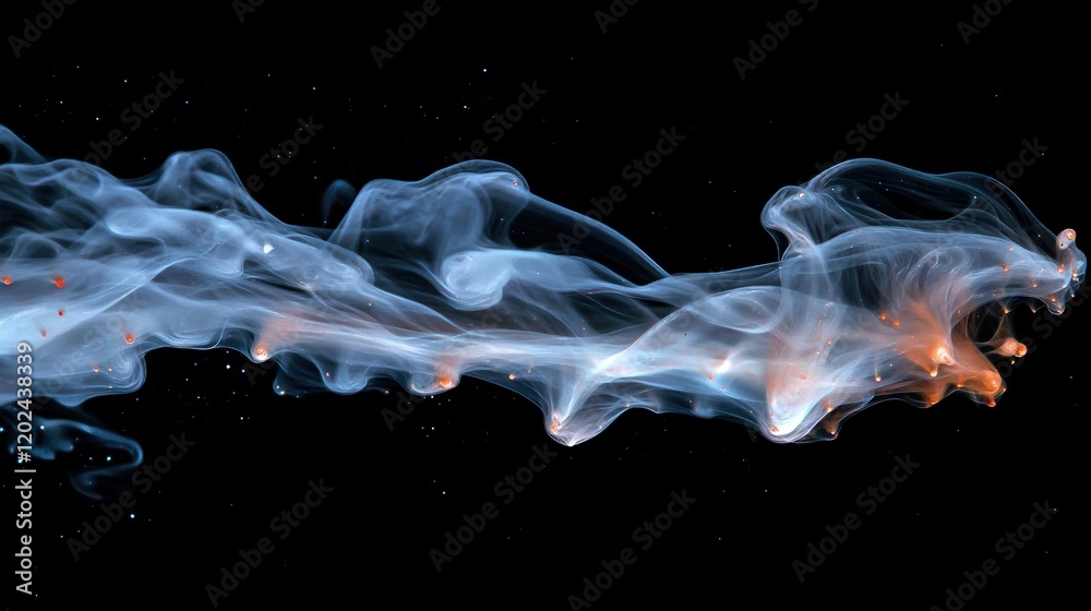 Obraz premium Abstract swirling smoke with orange and blue hues against a black background.