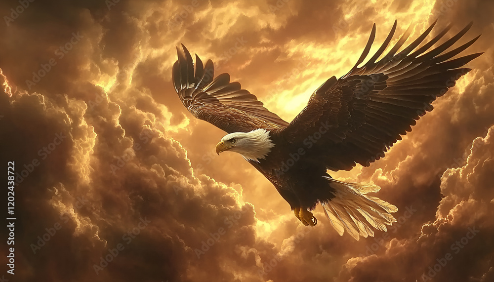 Obraz premium An eagle with extended wings perched on the ground in front of a backdrop of dark and stormy clouds