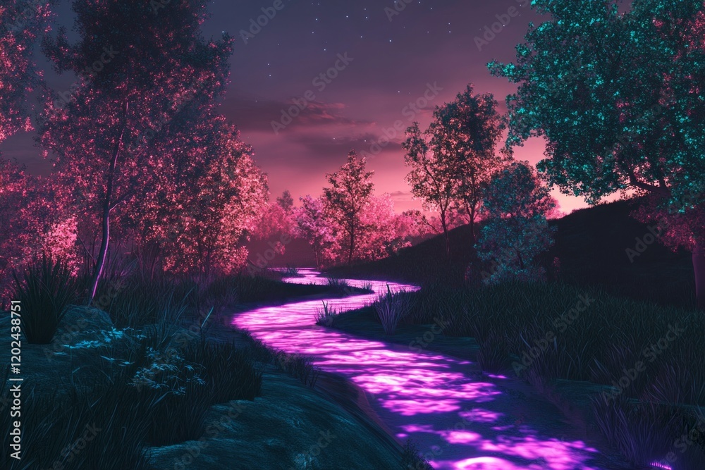 Fototapeta premium Glowing River Winds Through Neon Lit Forest At Night