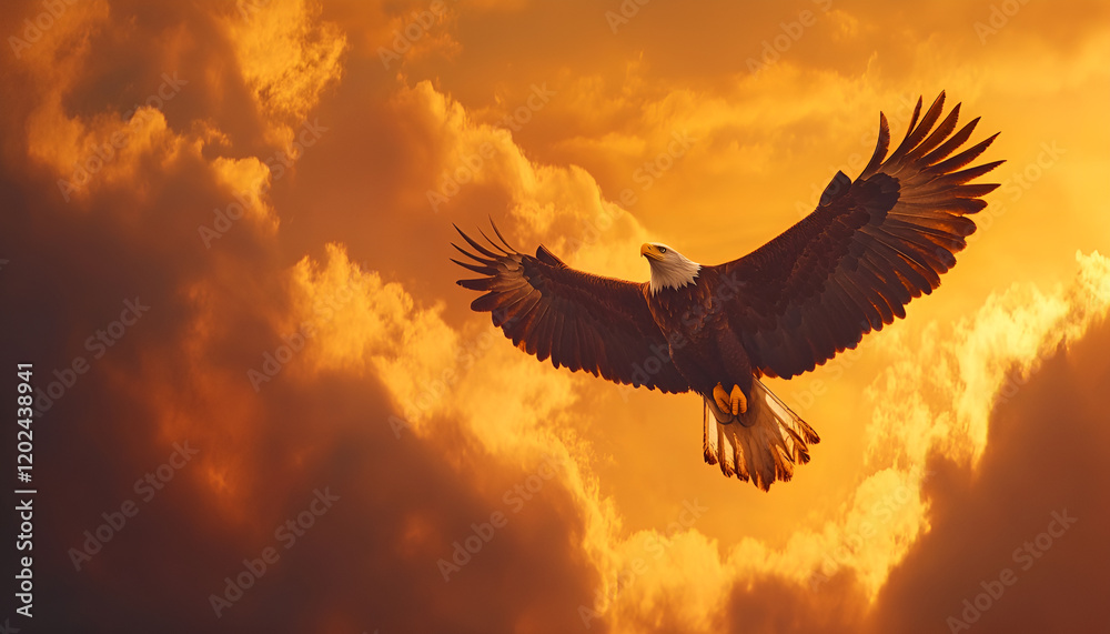 Obraz premium An eagle with extended wings perched on the ground in front of a backdrop of dark and stormy clouds