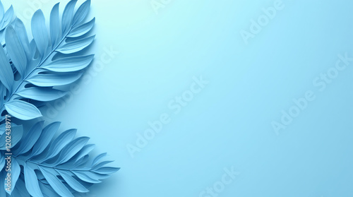 3D Render of Blue Tropical Leaves on a Blue Background