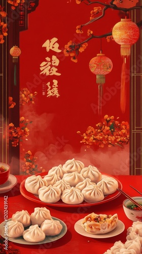 Chinese Dumplings with Lanterns and Blossoms
 photo