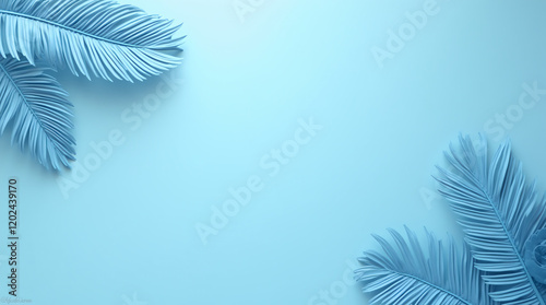 3D Render of Blue Tropical Leaves on a Blue Background