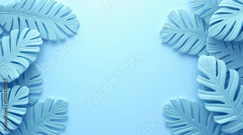 3D Render of Blue Tropical Leaves on a Blue Background