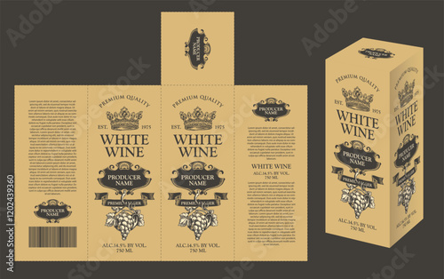 vector mockup template of cardboard packaging box for white wine with hand-drawn bunches of grapes, crowns and calligraphic inscriptions in retro style