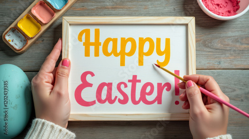 Hands painting a wooden Happy Easter! sign with bright colors, surrounded by paints, on a rustic wooden surface, Easter craft concept. Sustainable, zero waste Easter concept. DIY gifts for Easter photo