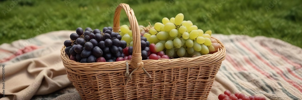 Elegant wicker picnic basket packed with assortment of grapes, leisure, picnic, grapes, summer Elegant wicker picnic basket packed with assortment of grapes, leisure, picnic, grapes, summer