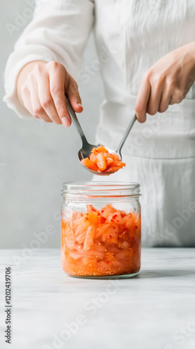 Culinary art of kimchi scooping - a close-up on the fermentation process and flavor experience photo