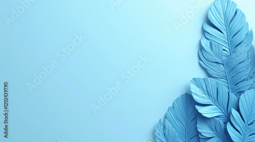 3D Render of Blue Tropical Leaves on a Blue Background