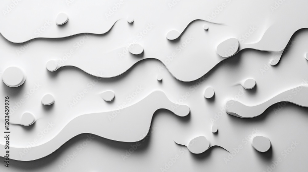 Abstract white wavy 3D background with embossed circles and organic shapes. Abstract white wavy 3D background with embossed circles and organic shapes.