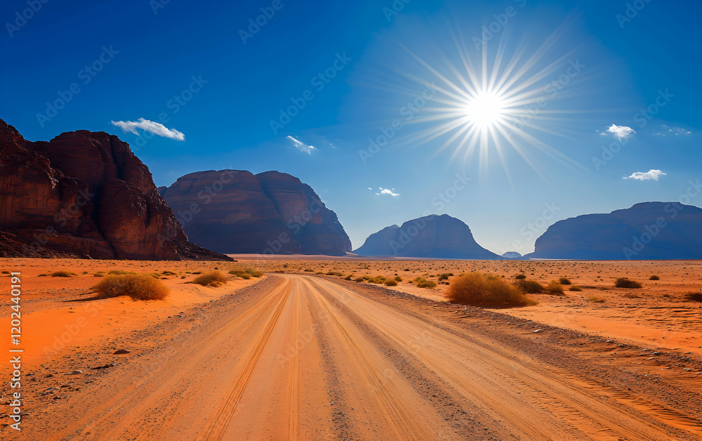 Fototapeta premium Desert Road Wadi Rum Jordan: Sunlit Path Through Majestic Mountains
