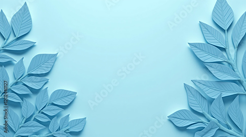 3D Render of Blue Tropical Leaves on a Blue Background