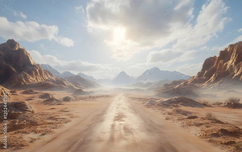 Fototapeta premium Desert Road to the Mountains: A Breathtaking Sunlit Panorama