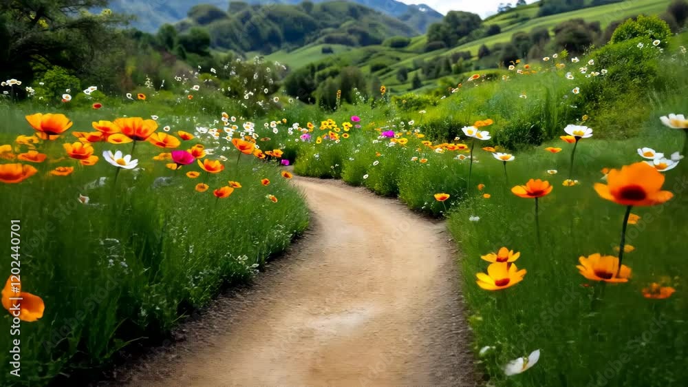 The vibrant garden path winds its way through a kaleidoscope of colorful blooms, creating a stunning contrast against the lush greenery of the surrounding landscape