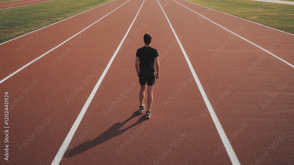 Man standing alone on a running track, facing away from the camera.