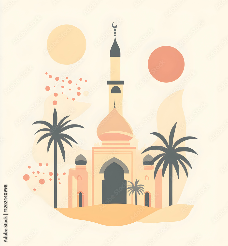 Naklejka premium Serene Mosque in Desert Oasis: A Minimalist Illustration