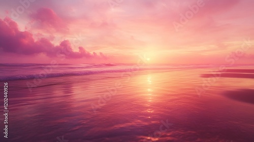 Pink sunset over ocean beach, calm waves, romantic sky. Use travel, vacation, serenity