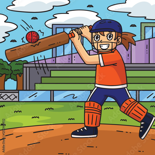 Cricket Female Striker Hitting the Ball Colored 