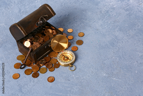 Old chest with coins, compa...