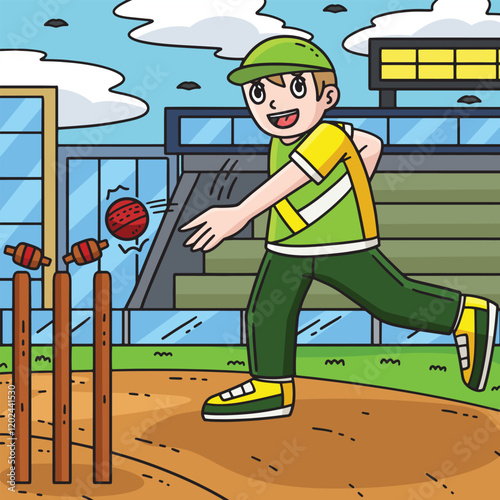 Cricket Fielder Hitting the Bails Colored Cartoon 