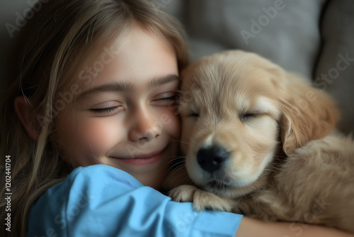 Caucasian little girl hugging Golden Retriever puppy, best friend bond, copy space photo