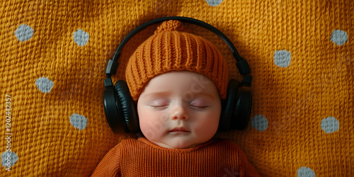 Sweet dreams! Baby peacefully sleeping while wearing headphones on a cozy blanket.