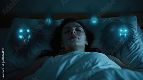 Woman Asleep Surrounded by Glowing Supernatural Forms in a Dark Atmosphere