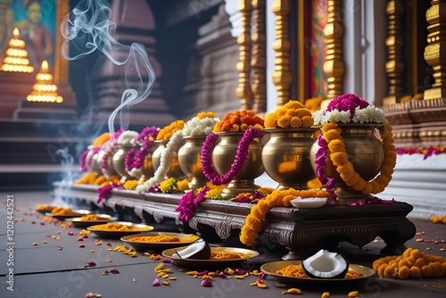 Thaipusam festival kavadi with sacred offerings, vibrant flowers, and temple setting.

 photo