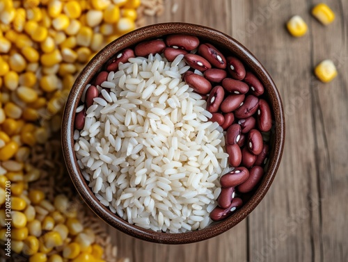 Rice grains with beans and corn in a bowl. Uncooked white rice grains mixed with beans and corn in a ceramic bowl. Emphasizing protein and vibrant color. Ideal for food blogs and wholesome recipes.