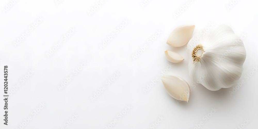 Whole garlic bulb and cloves on white background. Clean, minimalist food photography. Whole garlic bulb and cloves on white background. Clean, minimalist food photography.
