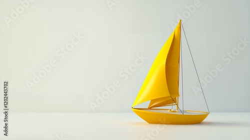 Bright yellow sailboat stands gracefully on a calm surface against a minimalist backdrop photo