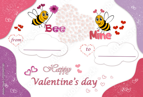  'Bee mine' happy Valentine's day greeting card template with two cheerful cute bees , hearts on white background.Copy space for short message.