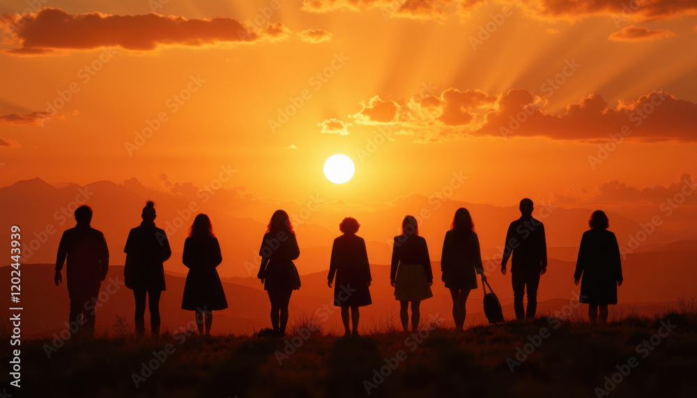 Diverse Group Silhouettes in Contemplative Moment Against Mountain Sunset
Diverse Group Silhouettes in Contemplative Moment Against Mountain Sunset