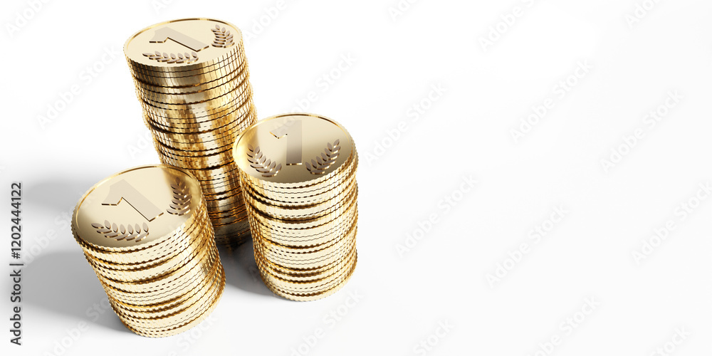 Three piles of golden coins - 3D illustration Three piles of golden coins - 3D illustration