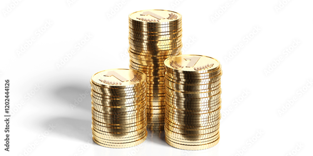 Three piles of golden coins - 3D illustration Three piles of golden coins - 3D illustration