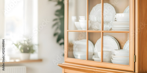 White dishes neatly arranged in a light wooden china cabinet.  A bright, airy kitchen setting is subtly visible in the background. photo