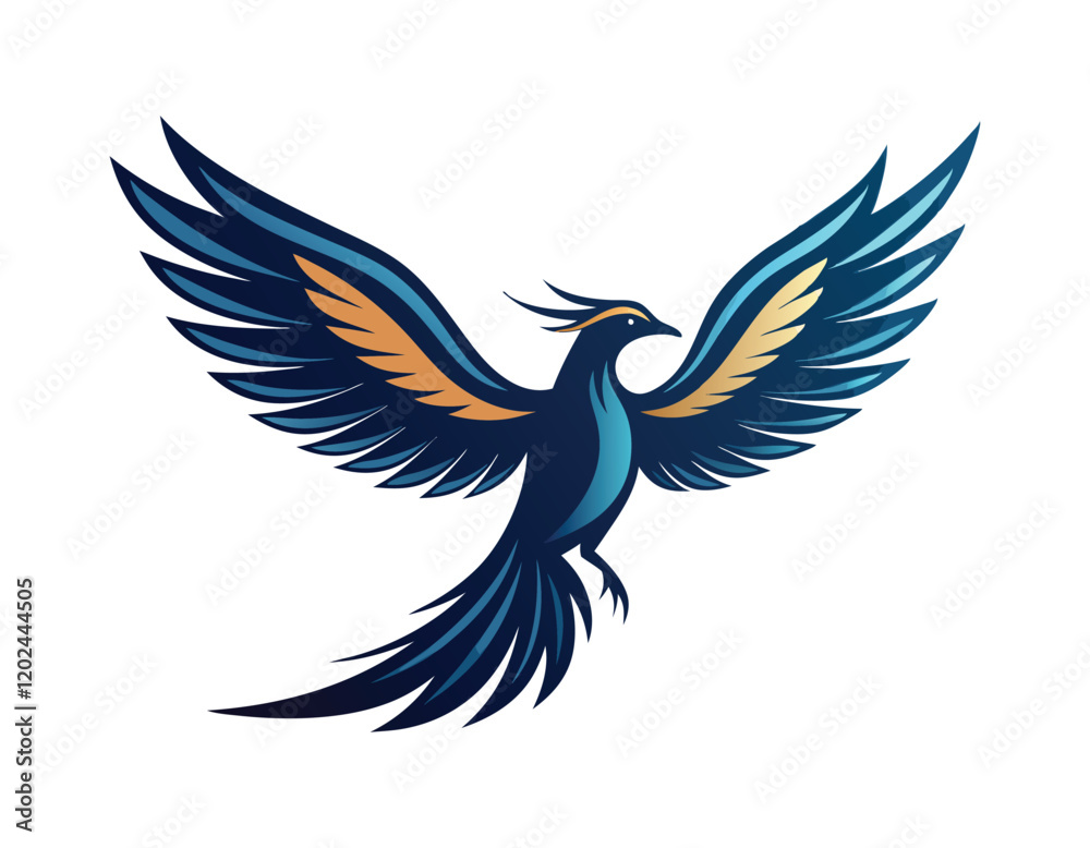 Obraz premium artistic representation of a bird mid-flight, showcasing intricate feather patterns in blue and orange tones, evoking a sense of liberty and elegance.