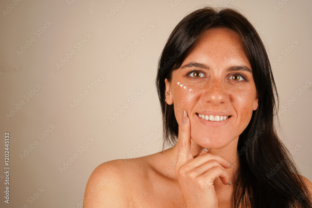 She gently rubs the cream into her cheeks in soft circular motions, emphasizing relaxing skin care.