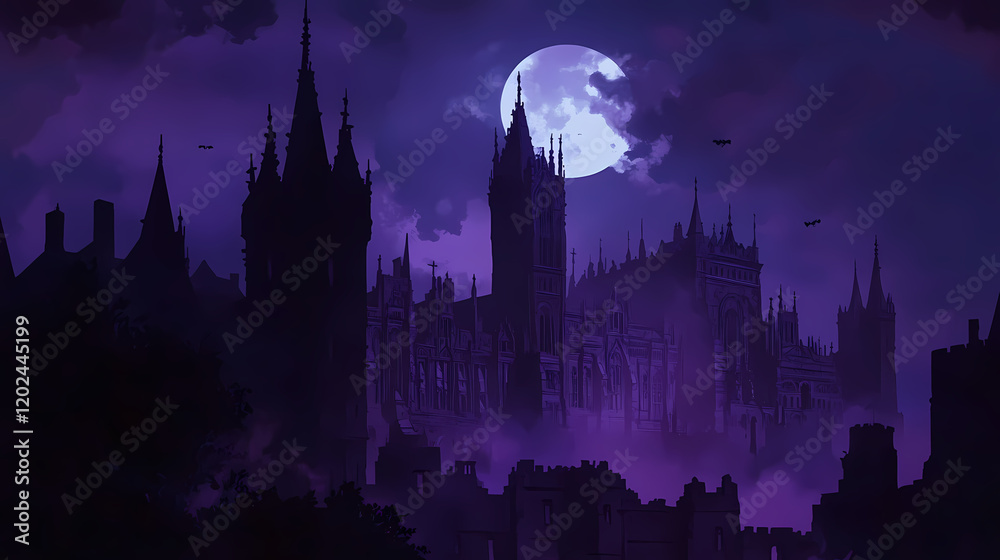 Silhouette of castle against a dark, moonlit sky, with a gothic cathedral and towering architecture casting long shadows in the halloween night scene. Mystical Moonlit Scene. Illustration Silhouette of castle against a dark, moonlit sky, with a gothic cathedral and towering architecture casting long shadows in the halloween night scene. Mystical Moonlit Scene. Illustration