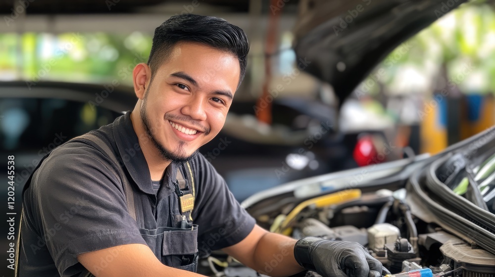Close up of mechanic working on car engine in auto repair shop Close up of mechanic working on car engine in auto repair shop