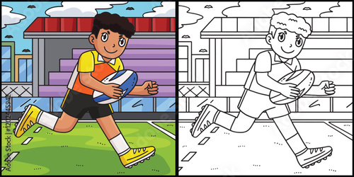 Rugby Player Running Ball Coloring Illustration