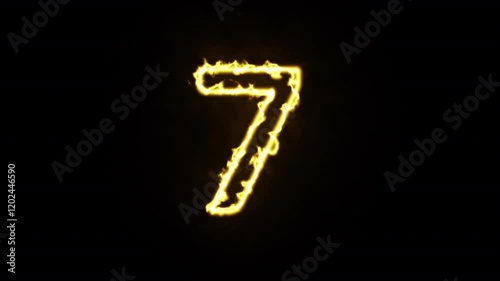 7 Seven electric lighting text with fire animation on black background, neon linear number seven and colorful cloud glowing with yellow neon light, abstract fantasy background.