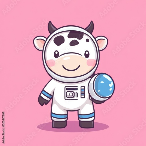 Cute cow astronaut holding helmet, pink background, space exploration, children's illustration photo