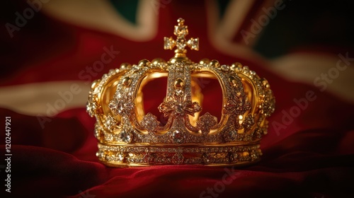 close up portrait of royal golden crown on british flag background. content photo