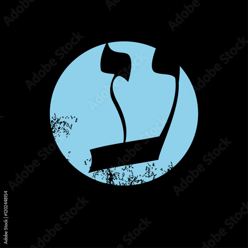 T-shirt design of the Hebrew letter Ayin over the silhouette of a blue moon isolated on black. 