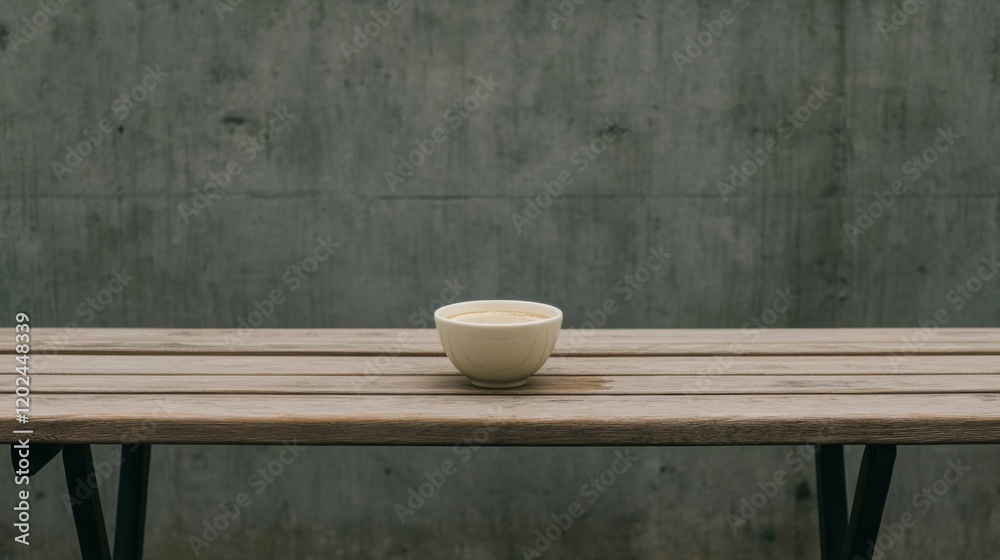Creamy beverage in a bowl on a wooden bench against a concrete wall. Creamy beverage in a bowl on a wooden bench against a concrete wall.