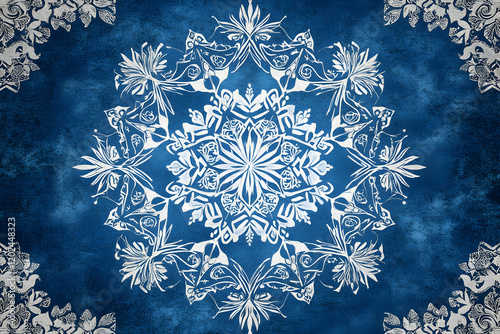 Serene Mandala: Blue and White Abstract Floral Design photo