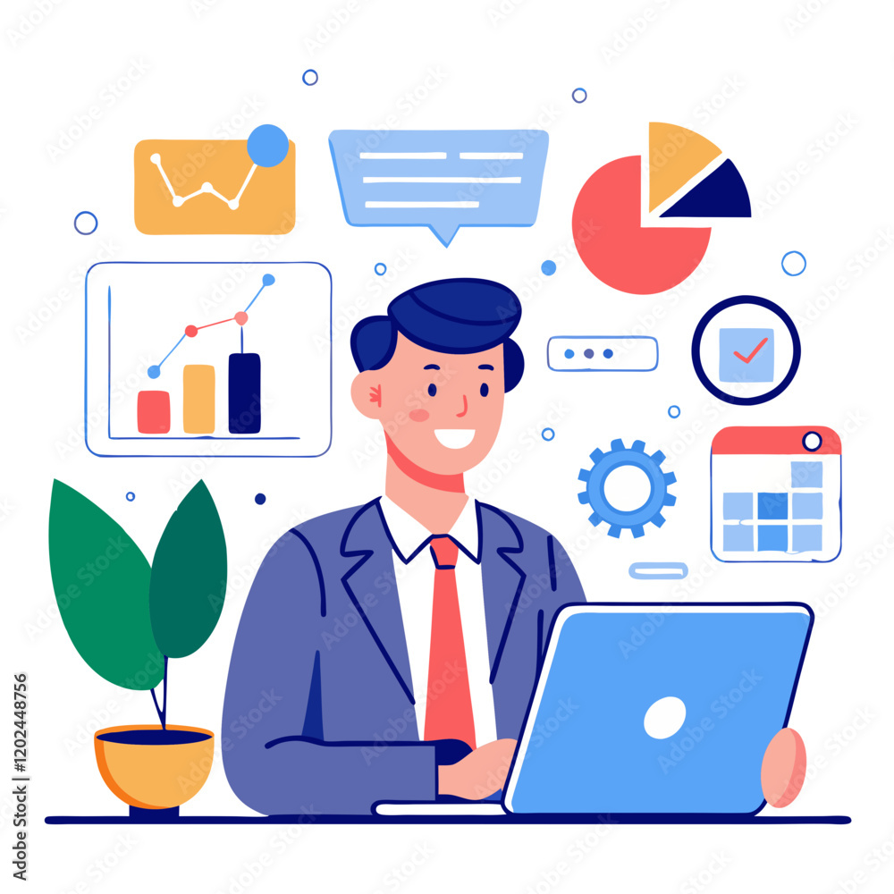 A sales manager works diligently on a laptop, utilizing CRM software to track sales progress. Various charts and tools appear on the screen, enhancing productivity in an engaging environment A sales manager works diligently on a laptop, utilizing CRM software to track sales progress. Various charts and tools appear on the screen, enhancing productivity in an engaging environment