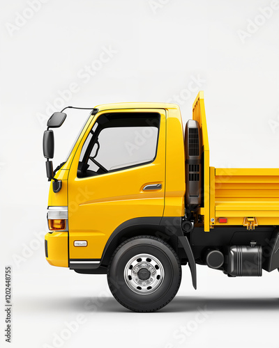 Bright yellow truck parked against a minimalist backdrop with cargo bed raised, showcasing its utility and design details photo